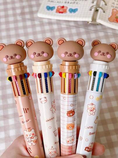 1支随机10色小熊动物图案圆珠笔，适合办公和学习使用，返校季必备