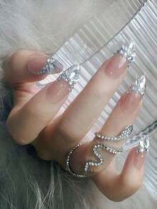 24pcs Silver Diamond French Press-On Nails For Women & Girls, Long Almond Full Cover Fake Nails With Sparkling Rhinestone French Tips, Elegant Acrylic Nails For New Year, Valentine's Day, Party, Wedding, Bridal, Reusable DIY Nail Kit Includes Jelly Glue & Nail File, Nail Supplies - Bạc - Xem 4
