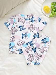 Disney Bộ đồ ngủ mùa hè cho bé gái in hình Stitch và trái tim thiên thần dễ thương, tay ngắn, quần dài chất liệu mềm mại, cạp chun. - trắng - Xem 1