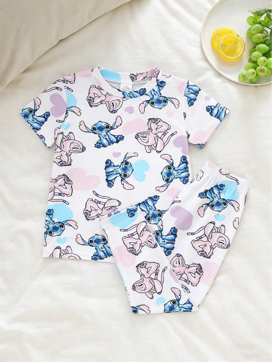 Disney Bộ đồ ngủ mùa hè cho bé gái in hình Stitch và trái tim thiên thần dễ thương, tay ngắn, quần dài chất liệu mềm mại, cạp chun. - trắng - Xem 1