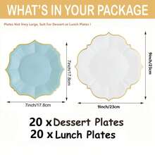 40 piezas Platos de papel desechables de color azul claro con blanco, platos de postre de 7 pulgadas (20 piezas) y platos de almuerzo de 9 pulgadas (20 piezas) con borde dorado, adecuados para revelación de género, cumpleaños, boda, Pascua, fiesta de verano - Azul y blanco - Ver 3