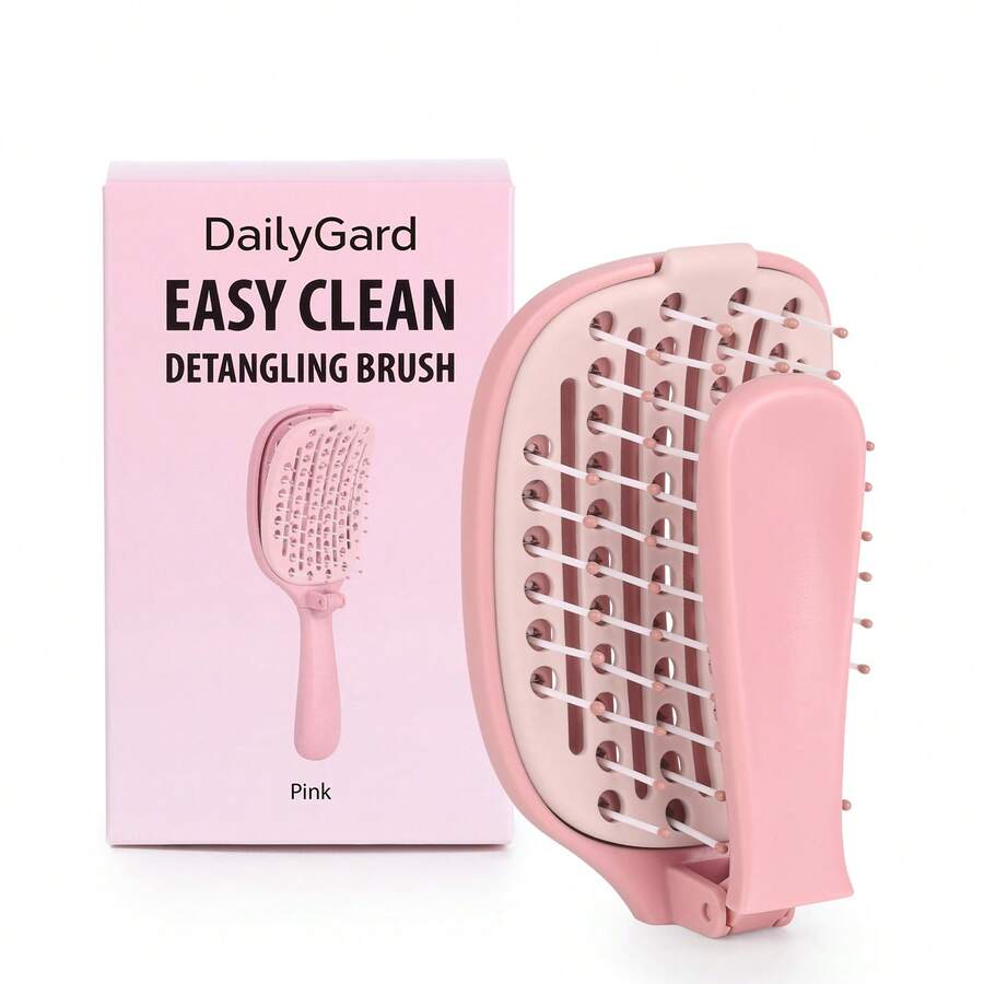 1pc DailyGard Foldable Self-Cleaning Hair Brush | One-Pull Hair Removal, Smooth Without Pulling, Convenient Foldable Design, Dry & Wet Use, Suitable For Straight & Curly Hair, ABS Plastic Handle, Nylon Bristles