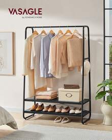 VASAGLE Kleiderständer, Garderobenständer, Garderobe, 2 Ablagen, 6 Haken in S-Form, Stahlgestell, 45 x 138 x 160, für Schlafzimmer, Flur, Eingangsbereich, naturbeige-mattweiß RGR119W09 WIRH - Ebenholzschwarz + Mattschwarz - Übersicht 2