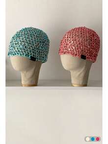 Handmade Sequin Hollow-Out Mesh Cap, Fashionable Retro Versatile Beanie Hat, Minimalist Knitted Headwrap, Shiny Knitted Beanie, Fishnet Cap, Lightweight Breathable Knitted Beanie For Spring & Summer - Multicolor - View 9