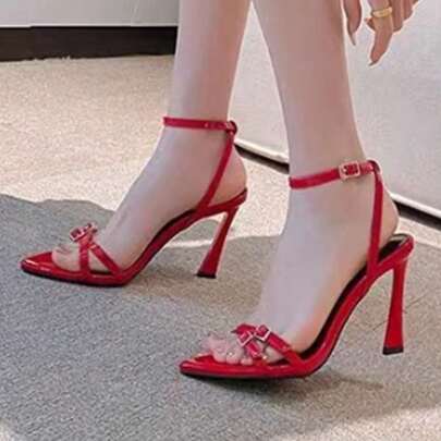 Sandalias de tacón altísimo para mujer, con punta cuadrada, tacón con letras metálicas y tiras cruzadas, estilo romano y punta abierta