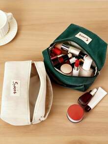 1pc Corduroy Makeup Bag With Letter Strap, Zipper Closure Portable Cosmetic Organizer, Suitable For Travel, Home, Unisex, All Seasons, Student Dorm, Mother's Day, Thanksgiving, New Year Gift - Multicolor - View 6