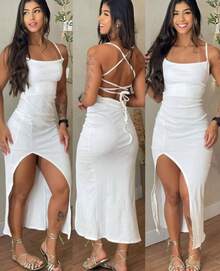 Vestido Branco Longo Elegante Suplex Feminino de Ajuste Com Decote Lateral Costas Nuas - Branco - Visão 4