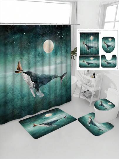 1/4pcs Dolphin & Sailboat Printed Waterproof Bathroom Curtain Set, Tranquil & Healing, Waterproof & Mildew Resistant, Thick Polyester, No Drill Installation, Anti-Slip Bath Mat, Absorbent Toilet Mat, Digital Printing, Fade Resistant, Machine Washable, All Season, Holiday Limited Edition