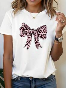 Women's Tops With Leopard Print And Bow Ties, Featuring A Sweet And Cool American Style, Playful Pattern Prints, Loose-Fitting, Fashionable Casual Round-Neck Spring-Summer T-Shirts For Everyday Wear, Shopping, And Parties. Essential For Everyday Casual Wear - White - View 1