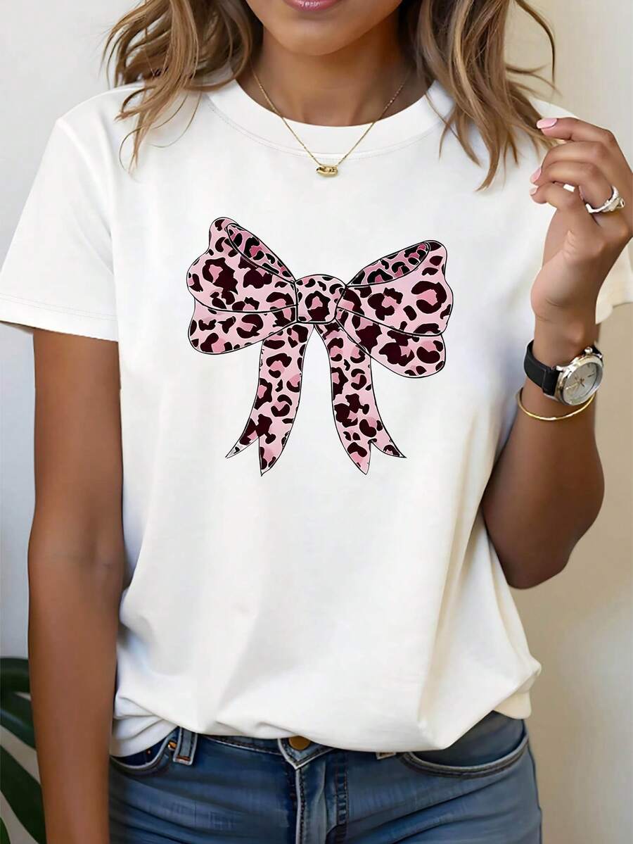 Women's Tops With Leopard Print And Bow Ties, Featuring A Sweet And Cool American Style, Playful Pattern Prints, Loose-Fitting, Fashionable Casual Round-Neck Spring-Summer T-Shirts For Everyday Wear, Shopping, And Parties. Essential For Everyday Casual Wear - White - View 1