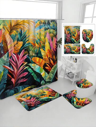 1/4pcs Colorful Leaf Pattern Waterproof Bathroom Curtain Set, Tranquil & Healing, Waterproof & Mildew Resistant, Thick Polyester, No Drill Installation, Anti-Slip Bath Mat, Absorbent Toilet Pad, Digital Printing, Fade Resistant, Machine Washable, All Season, Holiday Limited Edition
