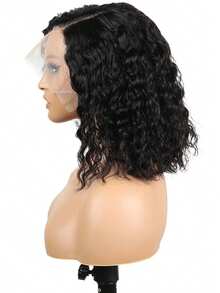 深波浪13x4蕾丝前置波波头假发，真人发丝，预先拔毛，带婴儿绒毛，无胶蕾丝假发，13x4水波纹卷发波波头假发，150%密度 - Natural Black - 查看 3