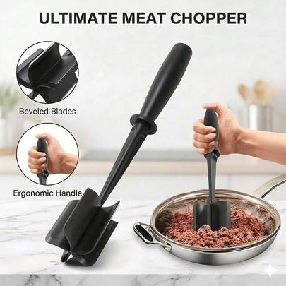 Premium Nylon Multifunctional Meat Chopper & Potato Masher, 5 Beveled Blades Ground Meat Smasher For Hamburger, Turkey, Chili, Tacos - High Heat Resistant 430°F, Dishwasher