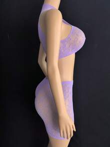 2pcs/Set Sexy Crop Top And Mini Skirt, Front And Back Hollow-Out Design, Reversible, Versatile Styling, Transparent Mesh Fabric, Alluring And Seductive, Suitable For Daily Wear, Beach, Fits Various Body Types, Sexy Lingerie - Mauve Purple - View 3