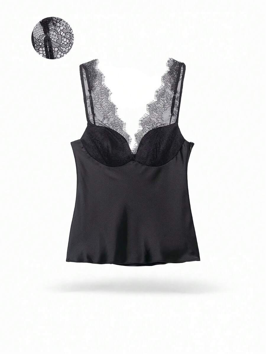 Women's Sexy Lace Patchwork Camisole Black - Black - View 1