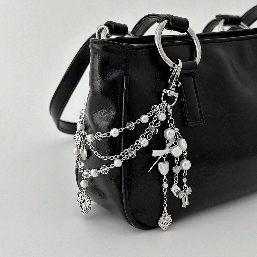1 chiếc dây đeo túi xách đính hạt ngọc trai giả kiểu Châu Âu và Mỹ dễ thương, mặt dây chuyền hình trái tim nơ tua rua độc đáo. - Nhiều màu - Xem 1