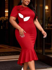 Elegant Red Mid-Length Mermaid Hem Bodycon Dress, 3D Rose Ruffle Short Sleeve Round Neck, Suitable For Summer Gala, Party, Mother's Day Wedding Spring - Red - View 4