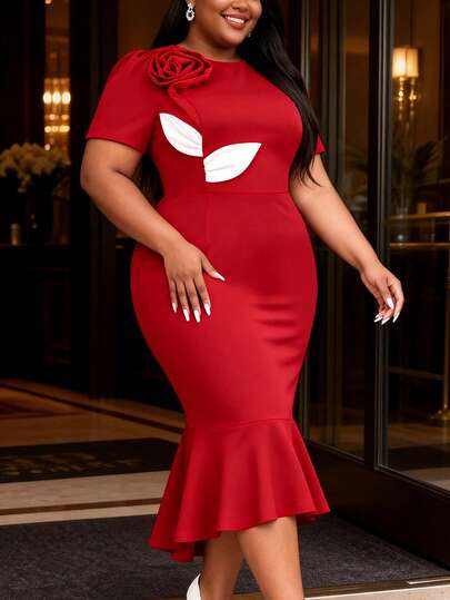 Abito elegante rosso midi a sirena con volant a rose 3D sul fondo, maniche corte, scollo tondo, abito da sera estivo per occasioni speciali