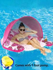 1个充气叶形躺椅，带可拆卸遮阳篷，适合1名成人，配有水瓶架，可折叠漂浮水上吊床，适用于沙滩、游泳池、户外日光浴、游泳、沙滩派对。不含气泵。 - 彩色 - 查看 11