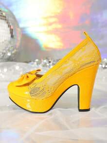 2024 Autumn New Lace Rhinestone Bow High Heel Shoes For Women, White Elegant Platform Thick Heel Round Toe Pumps - Yellow - View 6