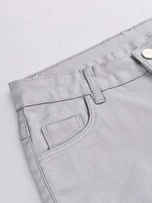 High Waist Button Slant Pocket PU Leather Elastic Skinny Pants, Casual Trousers For Music Festival, Party, Christmas, Halloween, Autumn/Winter Fall - Silver - View 8