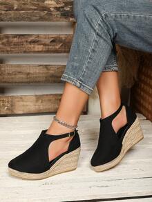 Breathable Closed Toe Wedge Sandals With Rope Accent, Fashionable And Comfortable - Black - View 3