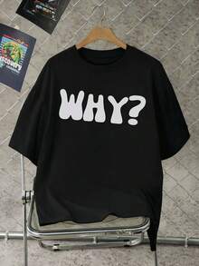 Camiseta negra extragrande con estampado WHY, 100% algodón, cuello redondo, corte relajado, cómoda, estampado llamativo. - Negro - Ver 2