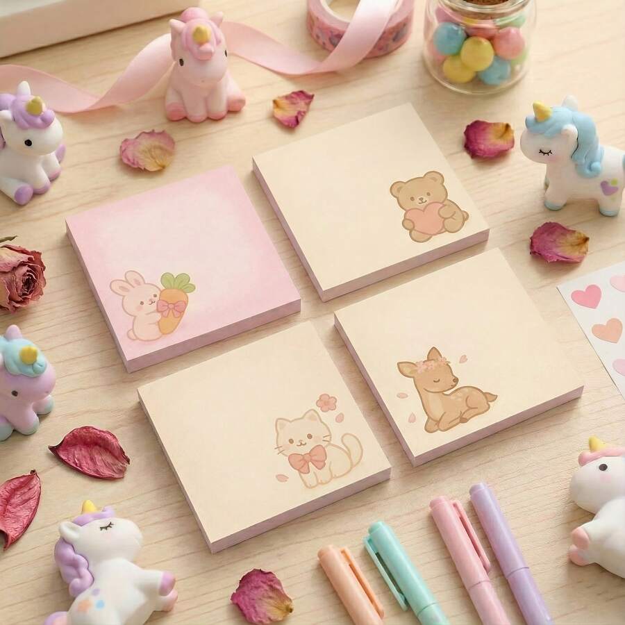 4 tờ giấy ghi chú hình động vật dễ thương, thích hợp dùng trong văn phòng phẩm, gồm các họa tiết hươu, gấu, mèo, thỏ, giấy tự dính - kích thước 7.62x7.62cm hình vuông, có thể dùng làm quà tặng giáo viên, quà sinh nhật, quà Giáng sinh (Đáng yêu & Thiết thực) - Một cỡ - Xem 1