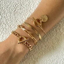 4pcs Coin Pendant Necklace Bracelet Bangle Set, Vintage Bohemian Style Bracelet For Women Daily Wear Stacking,Summer,Jewellery,Festival,Classy - Multicolor - View 2