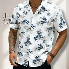 JL Men's Hawaiian Floral Beach Shirt, Short Sleeve, Button-Down, Spring And Summer - Floral 7-branco - View 1