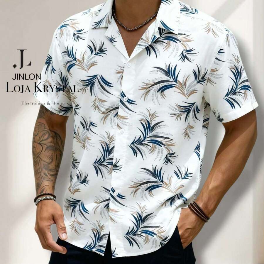 JL Men's Hawaiian Floral Beach Shirt, Short Sleeve, Button-Down, Spring And Summer - Floral 7-branco - View 1