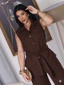 Women's Set: Vest And Wide Leg Pants, Formal And Elegant. - Rust Brown - View 2