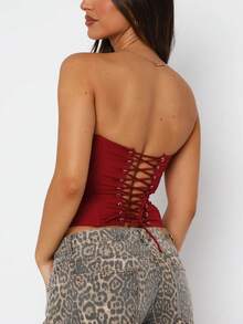 Women's Solid Color Corset Top Strapless Y2k Tube Tops Off Shoulder Bustier Fishbone Overbust Corset Bodyshaper Lingerie Top Asymmetrical Back Bandeau Tops  And Casual Streetwear - 紅色 - 查看 2