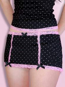 Women's Lace Patchwork Polka Dot Mini Skirt Set, Deep V Neck Backless Cami Top With Bow Half Skirt 2-Piece Set - Màu xanh lam - Xem 5