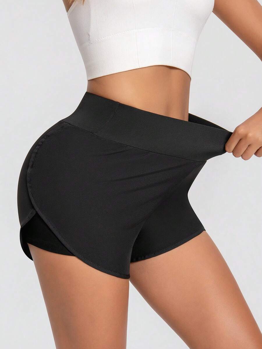 1pc Women's Black Tennis/Running Shorts, Double Layer Design For Yoga & Outdoor Sports - Black - View 1