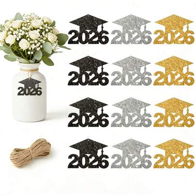 24pcs 2026 Graduation Party Decorations, Glitter Graduation Cap Tags, Colorful Paper Vase Centerpieces, Paper Material, Suitable For Graduation Ceremony Centerpiece, Graduation Party Decor