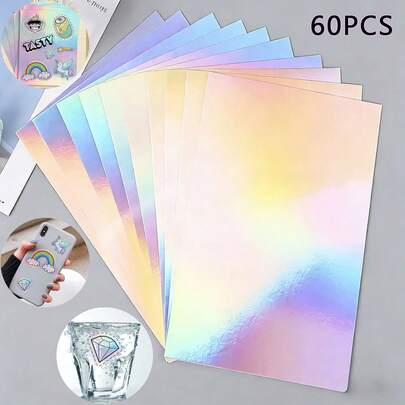60 Piezas Pegatinas Autoadhesivas Vinilo Holográficas Impresibles Luz UV Color Película Arcoíris A4 Impermeable Secado Rápido para Regalos Decoraciones