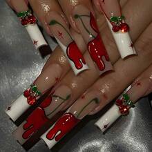 Long, White French-Style Manicure With Sweet Cherry Blossom Design – A Perfect Gift For Parties. - 紅白色 - 查看 5