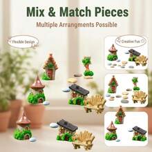 10 Pieces - Simulation Resin Stone House, Wooden House, Wooden Chair, Road Sign, Stone Bonsai Statue Decoration Set, Fairy Garden Accessories/Moss Micro Landscape Gardening Bottle Landscaping/Rockery/Aquarium Decoration, DIY Accessories - Multicolor - View 3