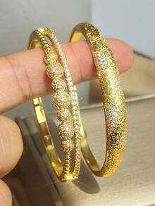 18K Gold Plated Anti-Fading Pave Zirconia Textured Bangle Bracelet Set For Women, Luxury Elegant Beaded & Hammered Cuff Bracelets - Multicolor - View 4