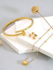 1 Set de Joyería Elegante y Delicada de Acero Inoxidable, Incluye Collar con Colgante en Forma de Corazón, Pulsera con Cuentas, Aretes en Forma de Corazón y Pulsera de Tachuelas, Adecuado para Uso Diario o Citas de Mujeres, Gran Regalo para Ella - Amarillo Oro - Ver 8