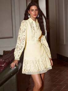 Simplee Women's Minimalist Solid Color Lace Patchwork Front Button Closure Dress, Spring/Summer Elegant White - Yellow - View 12