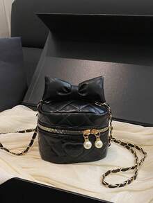 New Bowknot Embroidered Diamond-Pattern Boxy Chain Shoulder Crossbody Small Square Girl's Bag With Lipstick Texture - Black - View 8