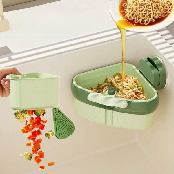 1pc Kitchen Sink Drain Basket, Suction Cup Triangle Drain Rack, Hanging Sink Filter Net, Vegetable Washing Basin Drain Basket, Leftover Food Filter Basket, One-Click Open And Detachable