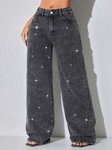 Low-Waist Wide-Leg Casual Blue Jeans With Slant Pockets & Beaded Embellishment Spring - màu đen - Xem 5
