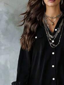 Blusa casual de mujer de manga larga, cuello de solapa, botones delanteros, bajo asimétrico, de poliéster, con bolsillos, para primavera - Negro - Ver 7