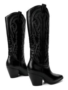 Giày bốt cao đến đầu gối dành cho nữ, mũi nhọn, gót dày, kiểu dáng cổ điển phương Tây, màu đen, thêu họa tiết. - màu đen - Xem 3