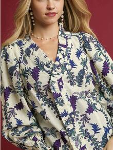 Paisley Floral Print Ruffled V-Neck Blouse, Casual Long Sleeve Loose Fit Lightweight Breathable Versatile Daily Wear Shirt For Women, Elegant Statement Top With Pleated Detail And Comfortable Fabric - 紫色 - 查看 3