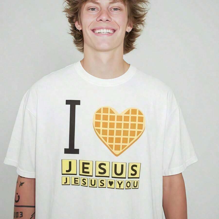 High-QualityI Love Jesus Jesus Love You Waffle Shirt, Bryce Crawford Merch, Christian Apparel Graphic Tee, Funny Christian Breakfast T-Shirt - 白色 - 查看 1