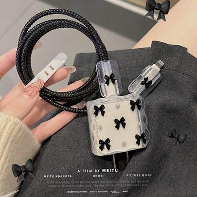 Bộ 5 món phụ kiện sạc điện 20W EU màu đen nữ tính với nơ trang trí bằng nhựa - Bảo vệ cáp đa chức năng, kẹp giữ dây và quản lý dây điện.